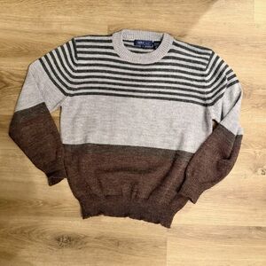 Vintage Astor One Striped Sweater Men’s L Gray Black Brown Crewneck